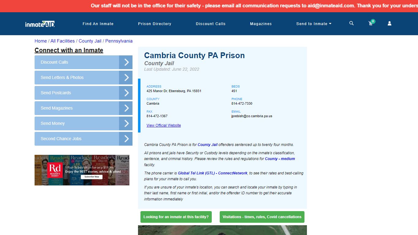 Cambria County PA Prison - Inmate Locator - Ebensburg, PA