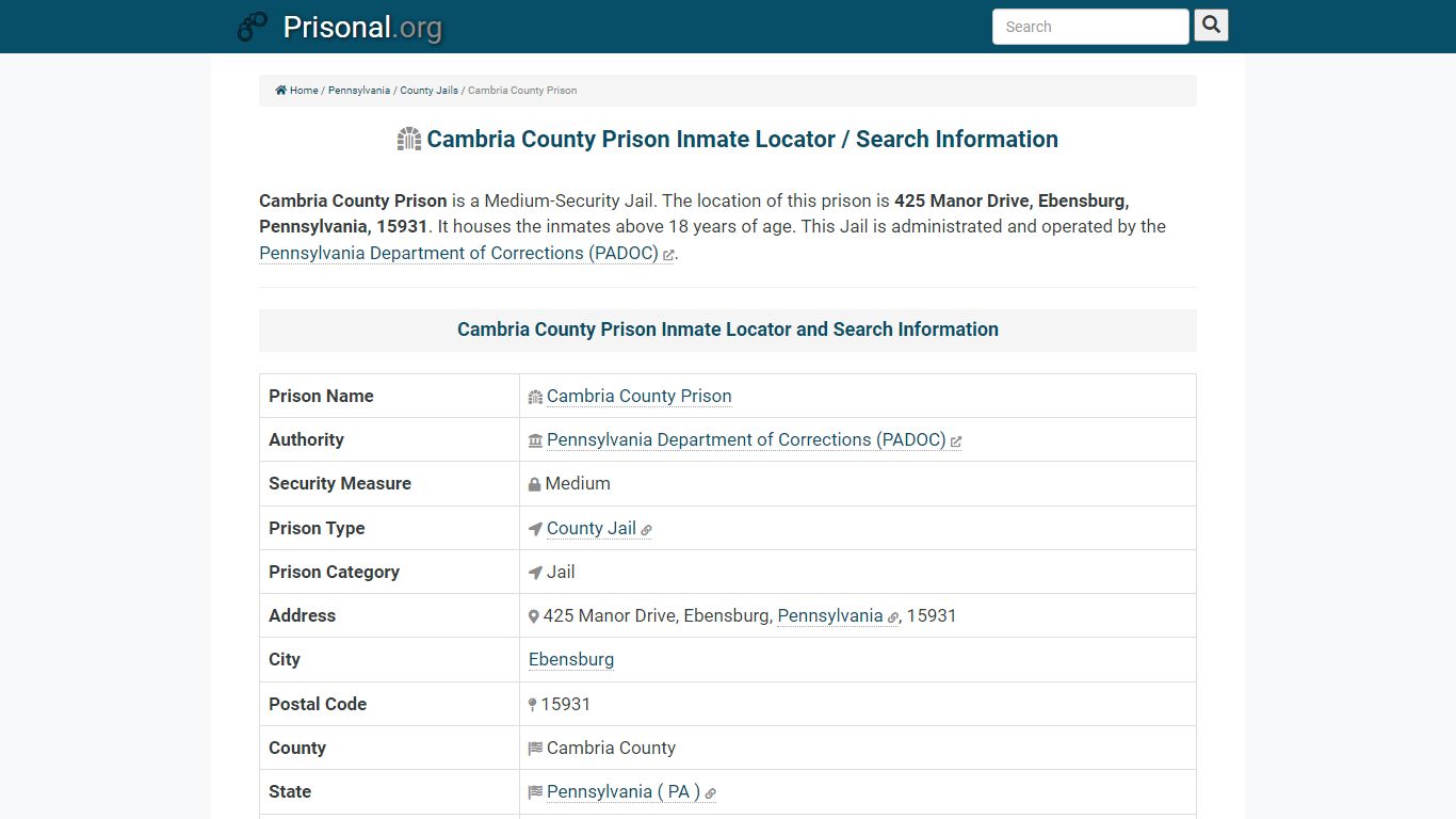 Cambria County Prison-Inmate Locator/Search Info, Phone ...